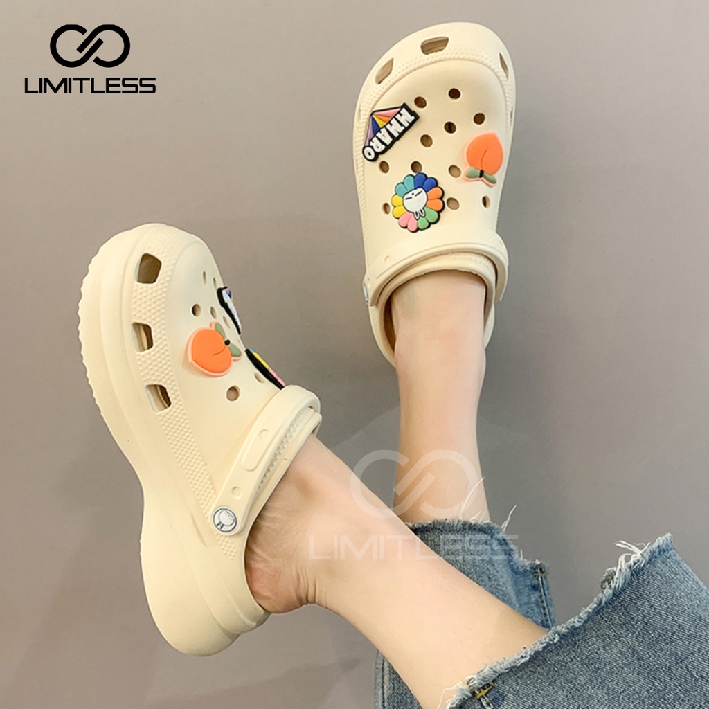 Sendal Wanita Slip On Wedges Platform Sandal Fuji Bakpao Jibbitz Viral Slop Sendal Baim Wanita Karet Tinggi Premium Tebal Terbaru