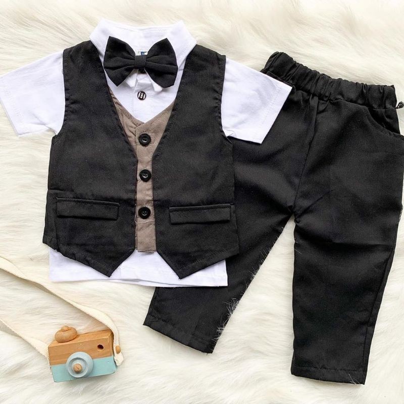 RAFFABY SECRET'S Set Baby Tuxedo Celana Panjang | Setelan Anak Laki laki | Baju Anak 1-7 Tahun-Hitam