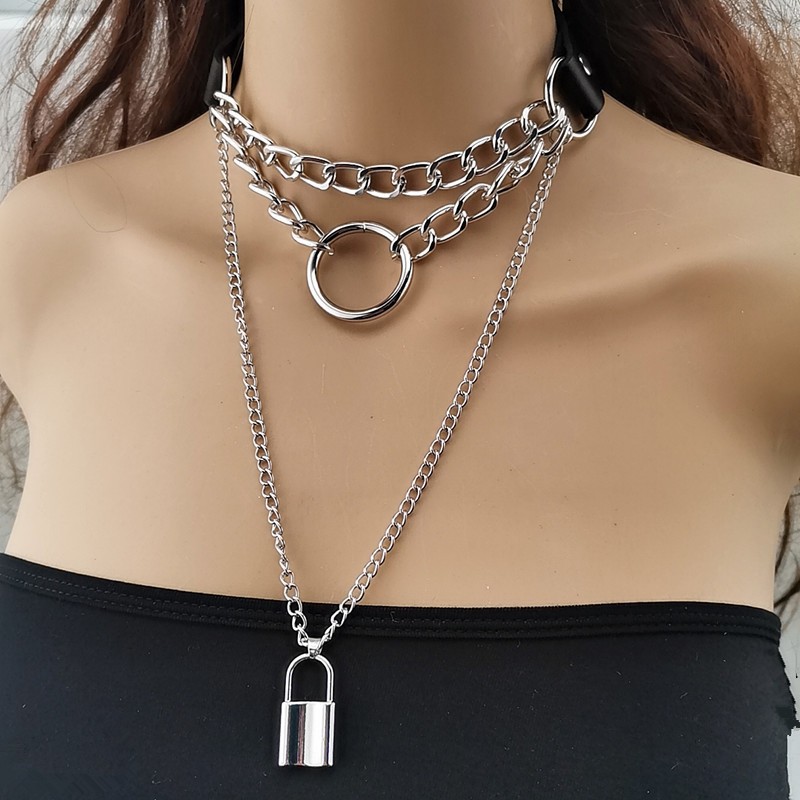 CH-14 kalung choker wanita rantai silver pu leather gothic punk