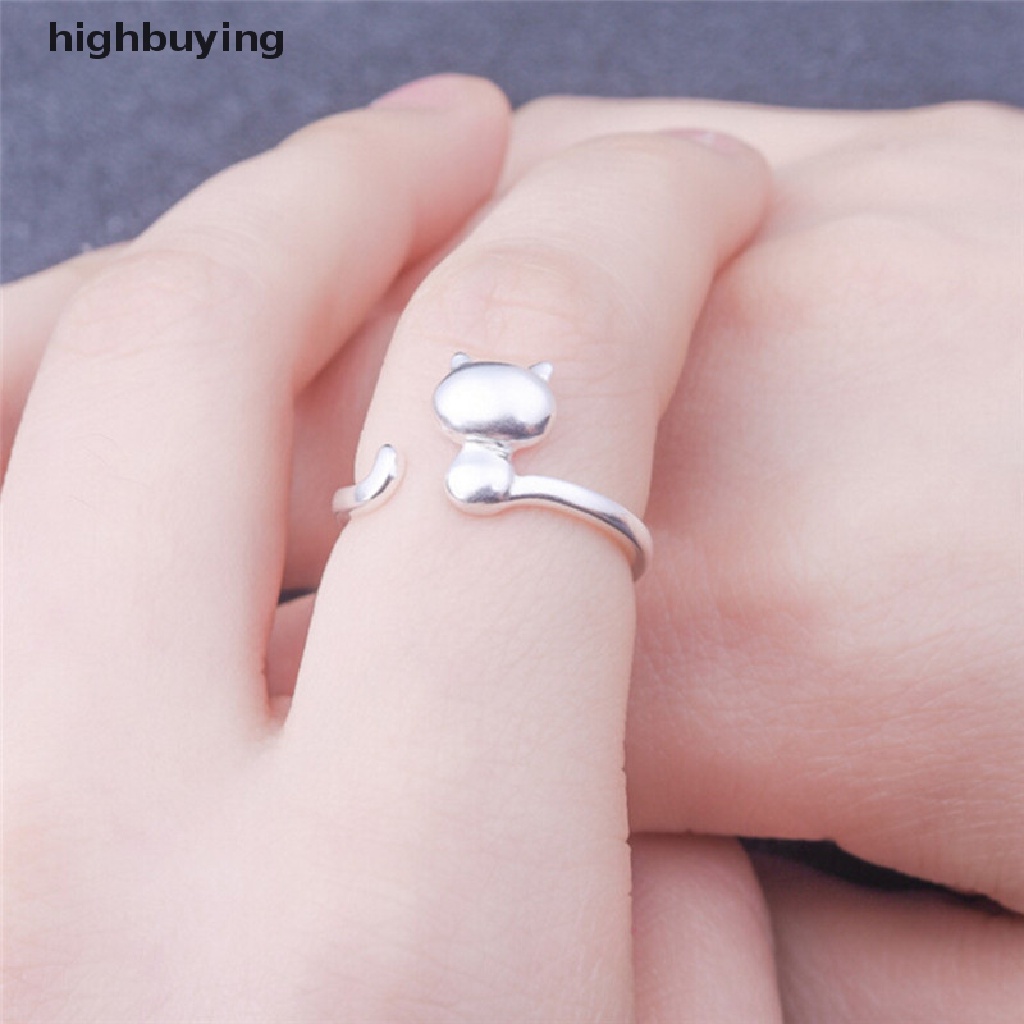 Hbid Cincin Terbuka Adjustable Lapis Silver Model Kucing Untuk Wanita