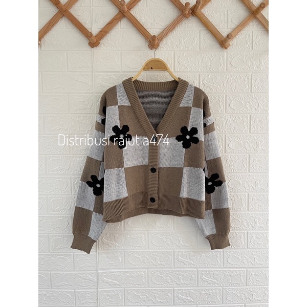 ATASAN RIRIN  CARDIGAN RAJUT CROP KOTAK MOTIF BUNGA PREMIUM