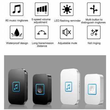 Bel Pintu Wireless Doorbell LED 60 Tunes 1 PCS Receiver / Bell Rumah Wireless Waterproof Baterai Bel Rumah Murah Berkualitas / Bel Pintu Rumah Tanpa Kabel Murah Ting Tung Energi Baterai Anti Air Apartemen Bell Alarm Bel Pintu Bel Pagar Rumah Pencet Bunyi