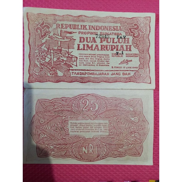 Uang Kertas Kuno 25 Rupiah Orida Bukit Tinggi 1948