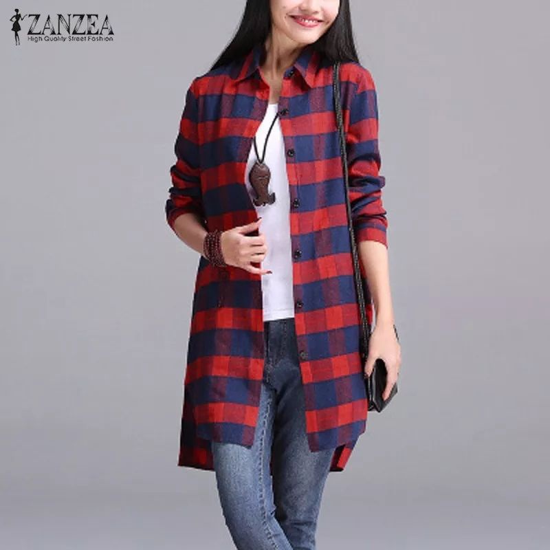 ZANZEA Kemeja Tunik wanita import Kotak-kotak lengan panjang jumbo S-5XL