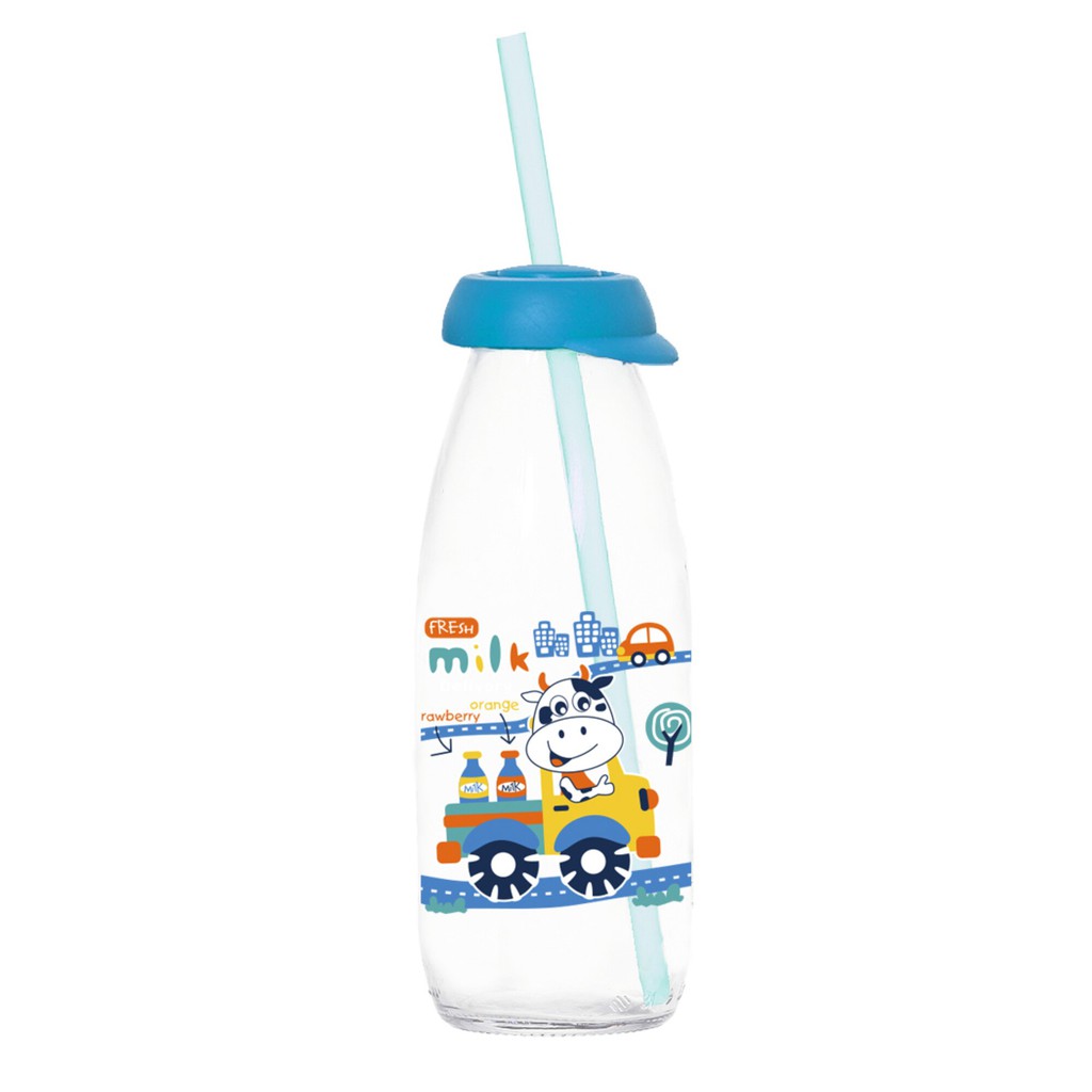 Herevin  Botol Air Tempat Minum Susu Kaca Anak Transparan  Motif Unik Lucu Straw Sedotan 500 ml-Biru