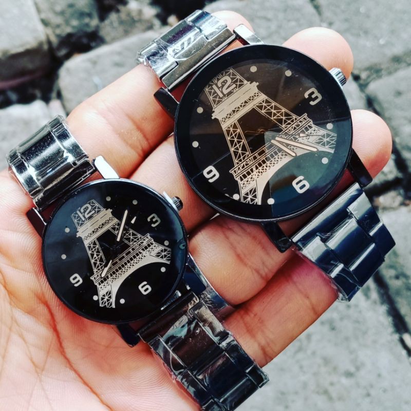 Jam Tangan Fashion Gambar Paris Couple Analog Rantai Stainless steel Free baterai cadangan