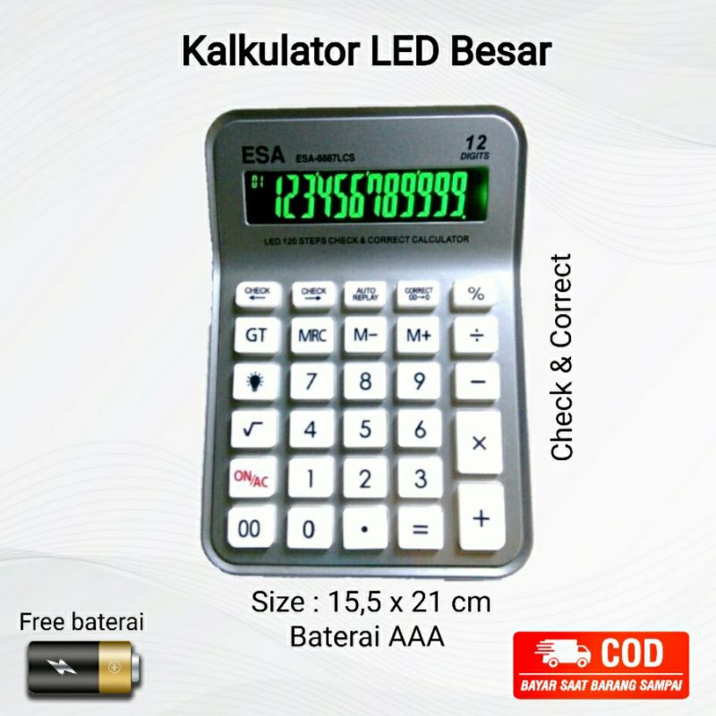 

Diskon Asik Kalkulator LED Besar 12 Digits Jumbo Check Correct 120 Steps Angka Menyala Murah Free Baterai