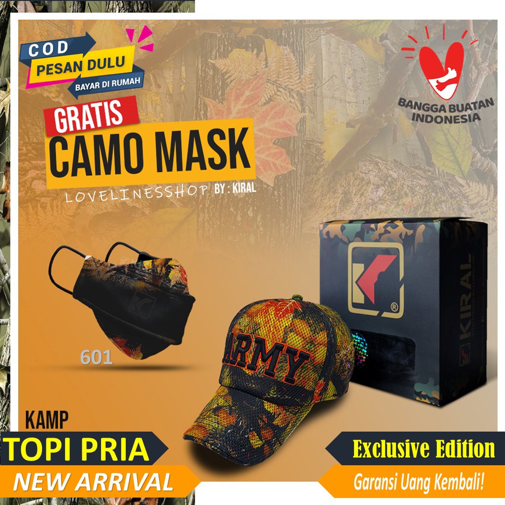 CM601 Topi Komando Army Loreng Pria motif Camo TNI untuk berburu dan kamuflase mancing original