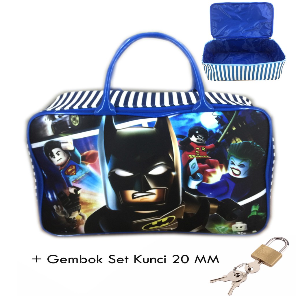 Tas Travel Bag Kanvas JUMBO Bat man manusia kelelawar  Lego Movie + Set Gembok Kunci 20mm