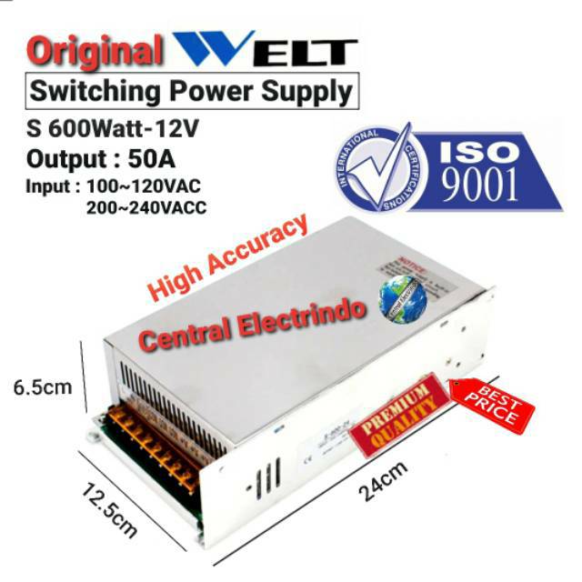 Power Supply 12V 50A 600Watt WELT High Quality.