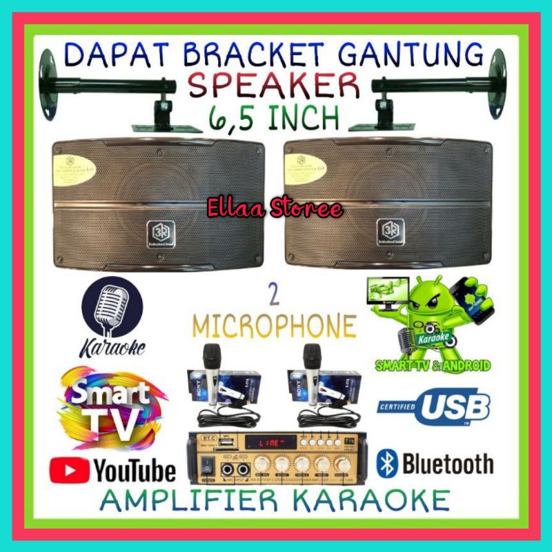Karaoke Set Smart Tv Di Youtube Speaker 3R 6,5 Inch Ampli 2 Mic Kabel