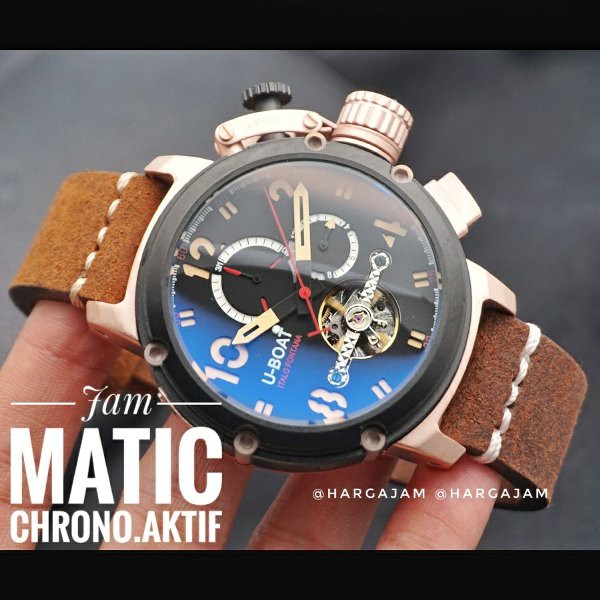 BARU Jam Pria Automatic U-boat U1848 Super Chrono Strap Leather Brown | Bezel Rosegold (hargajam