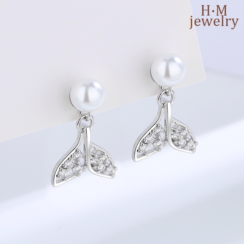 Anting Tusuk Sterling Silver 925 Model Ekor Ikan Dengan Mutiara Untuk Wanita