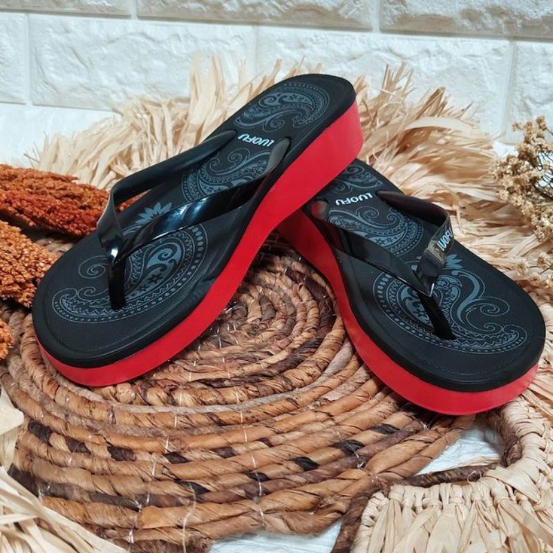 SANDAL JEPIT KARET WANITA LUOFU F2268-4.SANDAL JEPIT JELLY WEDGES PEREMPUAN EMPUK TERBARU