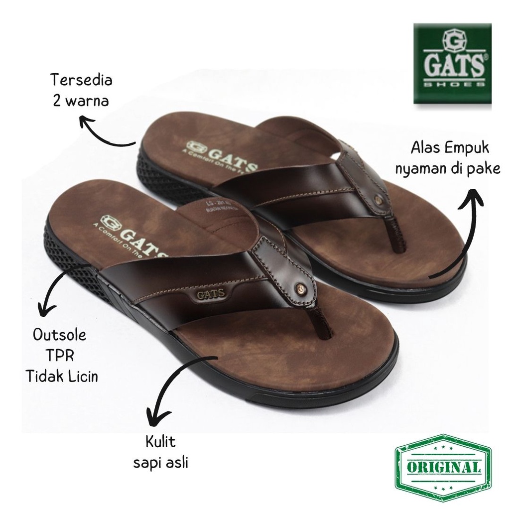 Sandal Jepit Casual Pria GATS LS201 Hitam Dan Coklat Sandal Jepit Kulit Asli Model Terbaru