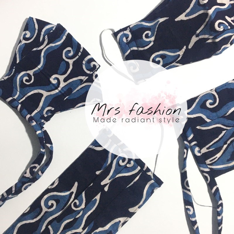 masker kain hijab motif batik mega mendung biru earloop headloop duckbill mask 2 lapis murah lucu