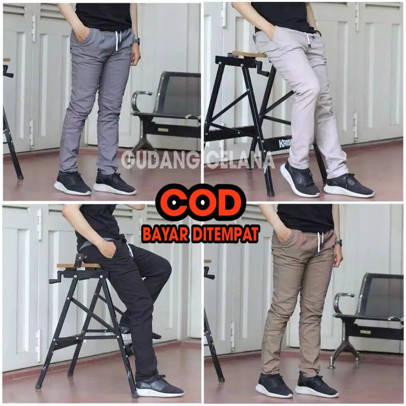 Celana chinos panjang rip pinggang karet polos pria premium quality