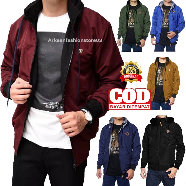 AKN- JAKET BOLAK BALIK PRIA DAN WANITA BB DC 2in1 PARASUT FLEECE  TEBAL ANTI AIR WATERPROOF TERLARIS