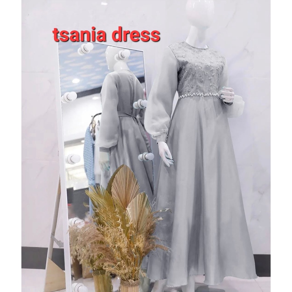 ELDE 12 -  TSANIA DRESS BRUKAT (L - XL - XXL) BAHAN TILE MUTIARA LAPIS FURING KOMBI BAWAH ROBERTO BAGIAN LENGAN ORGANZA LAPIS FURING PINGGANG MUTIARA TEMBAK MODEL SLETING BELAKANG, TALI OBI KIRI DAN KANAN