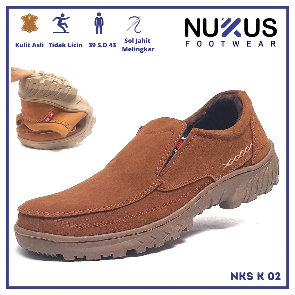 Nukus Footwear Sepatu Pria Slip On Kulit Nubuck Sepatu Kasual Kulit Sapi Asli Coklat Tan - NKS K 02