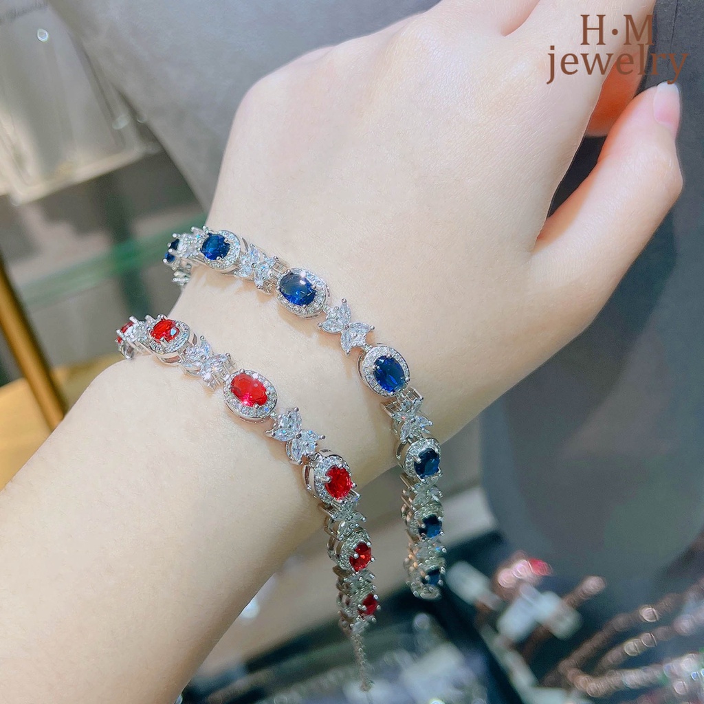 Sapphire Gelang Tangan Batu Safir Merah Aksen Berlian Imitasi Untuk Wanita