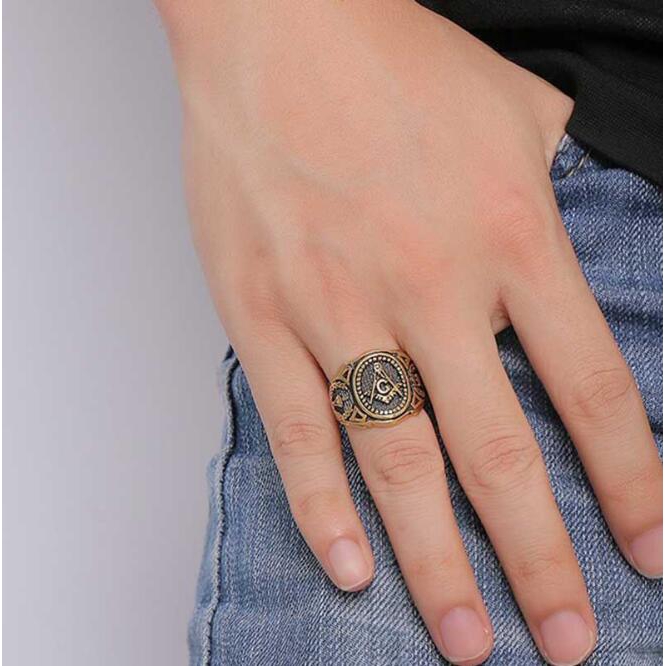 18rb Emas Freemason Baja Titanium Perak Pria Punk Perhiasan Fashion Masonik Cincin Rings