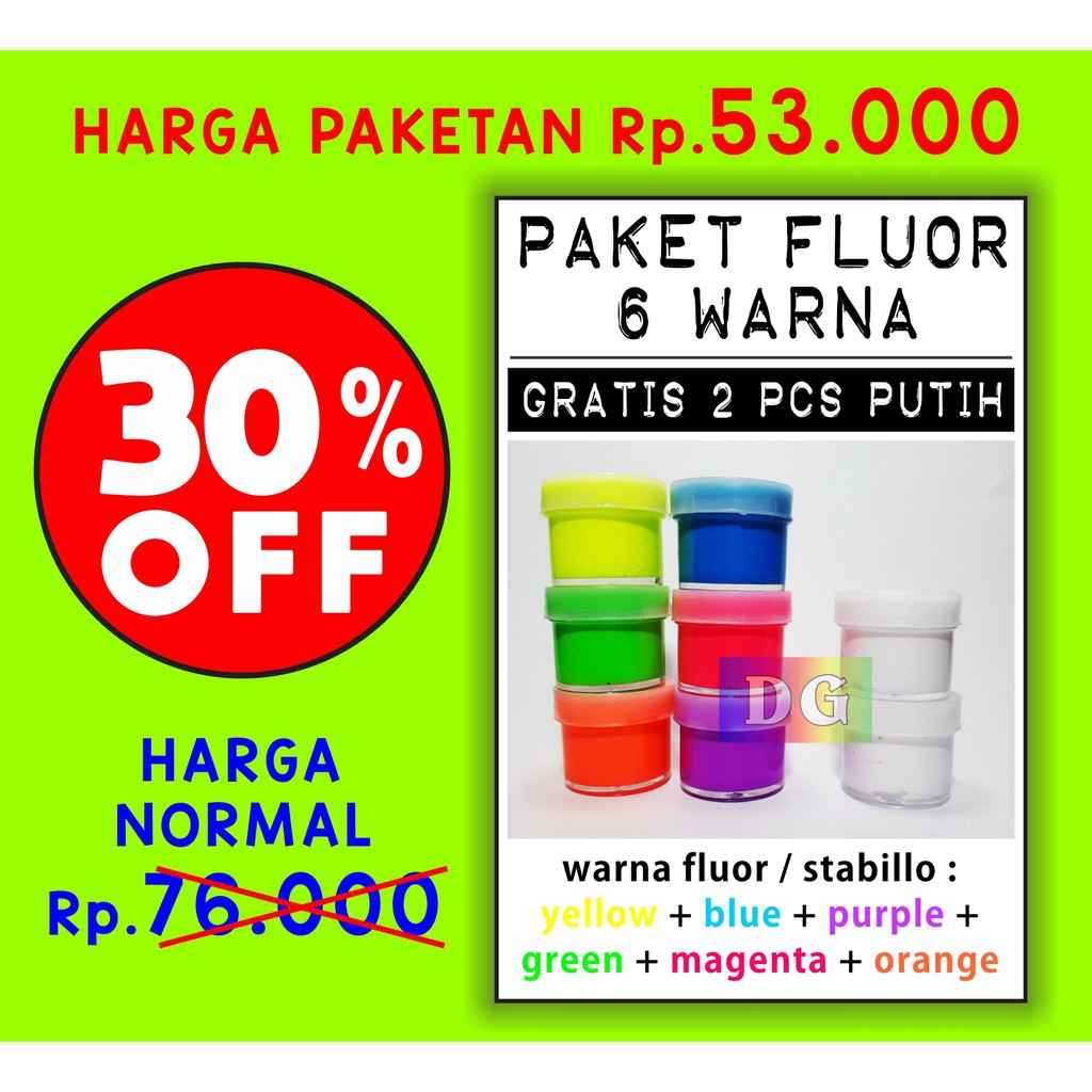 PAKET 6 WARNA FLUOR Cat  Tekstil utk lukis  mewarnai di 