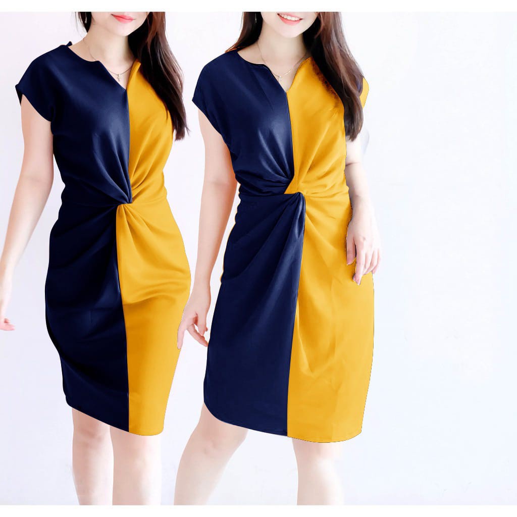 A02 NEW DRES WEI WEI KOMBI MUSTARD BAHAN SCUBA LD 94CM,PJG 88CM