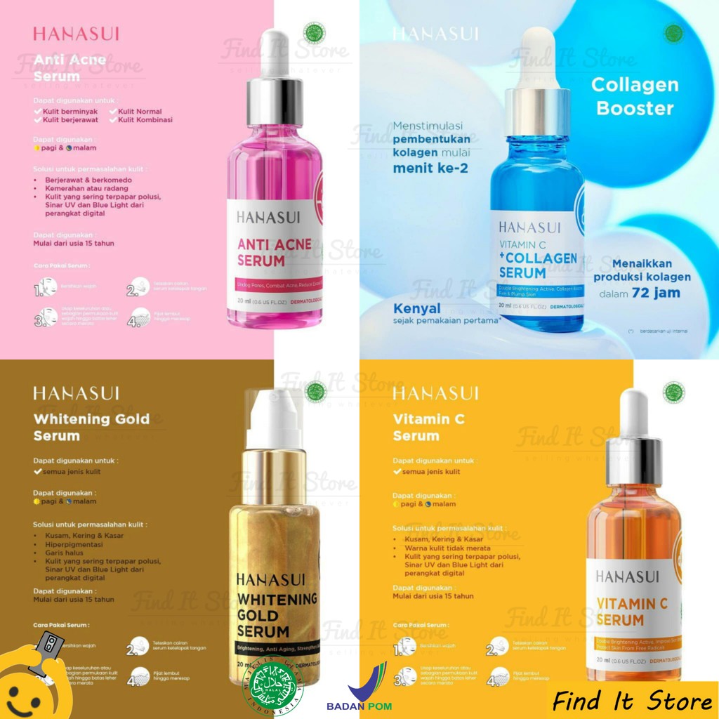 Hanasui Serum Series | Gold Whitening | Vitamin C | Anti Acne | Power Serum | Collagen Anti Acne X Beino Rejuvenate | BPOM