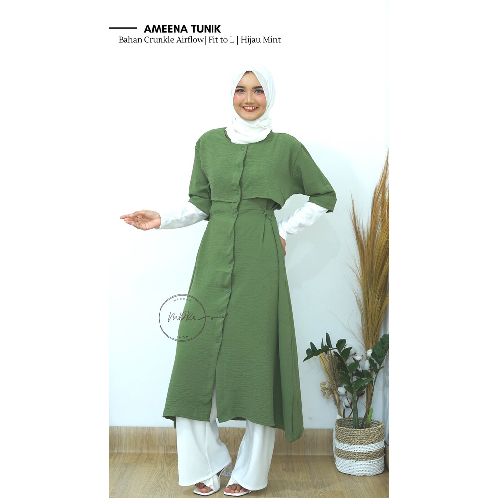 Ameena  dress Crincle Busui Premium Import Tangan 3/4 Kancing Depan jumbo polos Dress Kekinian