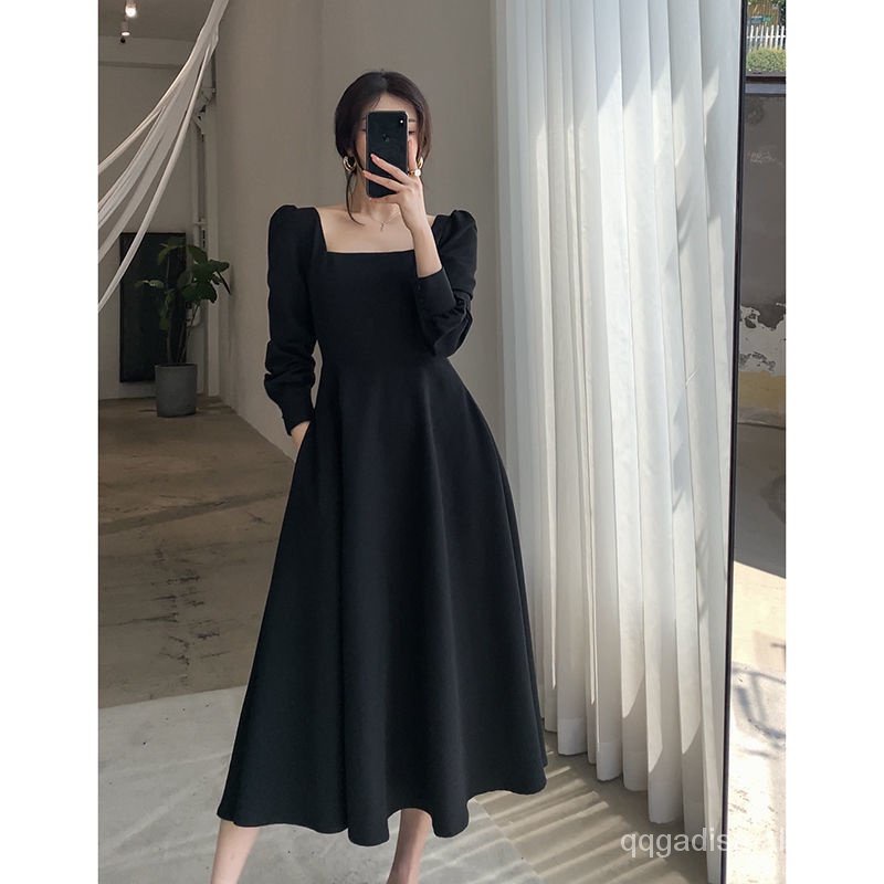 Rok Vintage Panjang U Neck Dress Lengan Panjang Korean Party Dress Square Neck