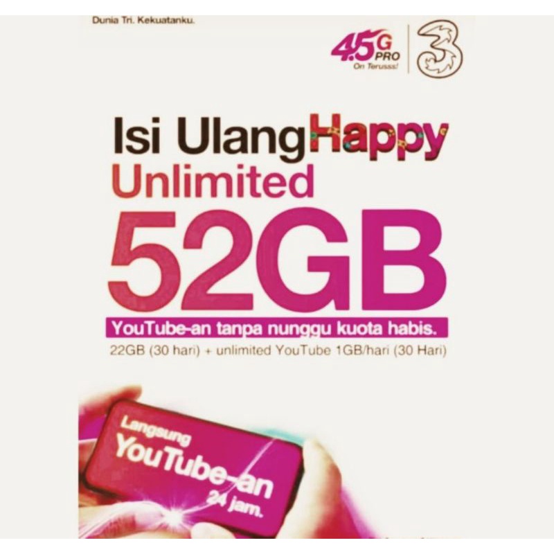 PAKET DATA TRI / KUOTA TRI 22 GB 24 Jam + 1GB YOUTUBE per hari selama 30 Hari (52 GB)