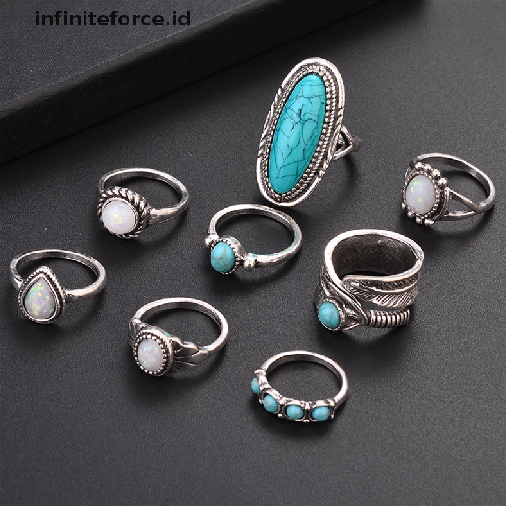 Infiniteforce.id 8PCS / Set Cincin Silver Wanita Hias Opal Turquoise Gaya Bohemia Untuk Nikah / Hadiah