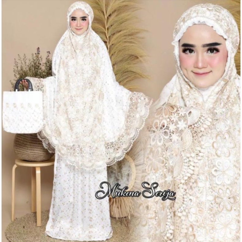 mukena sutra prada swarovski renda seroja dan bunga