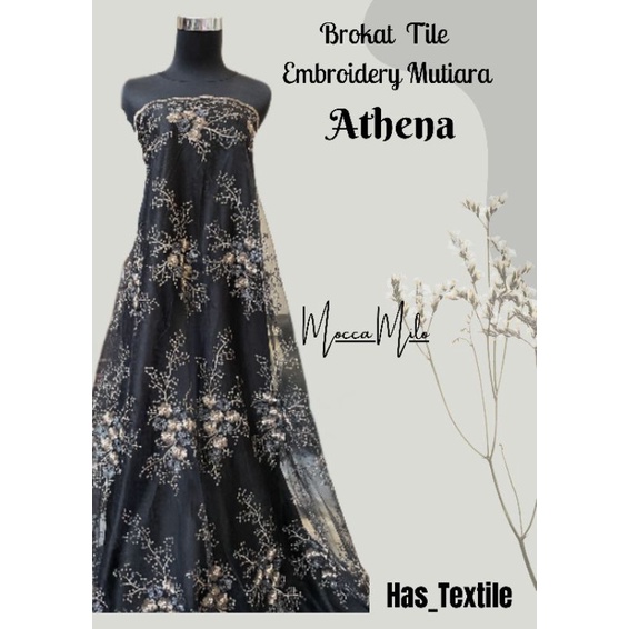 Bahan Kain Kebaya Brokat Hitam Embroidery Mutiara Athena 2 Tone Mocca Milo