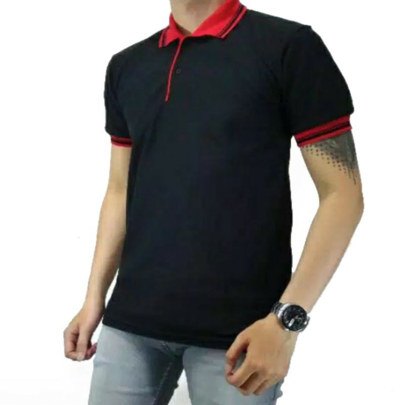 KAOS POLO PRIA KAOS KERAH KOMBINASI HITAM LIST MERAH XL