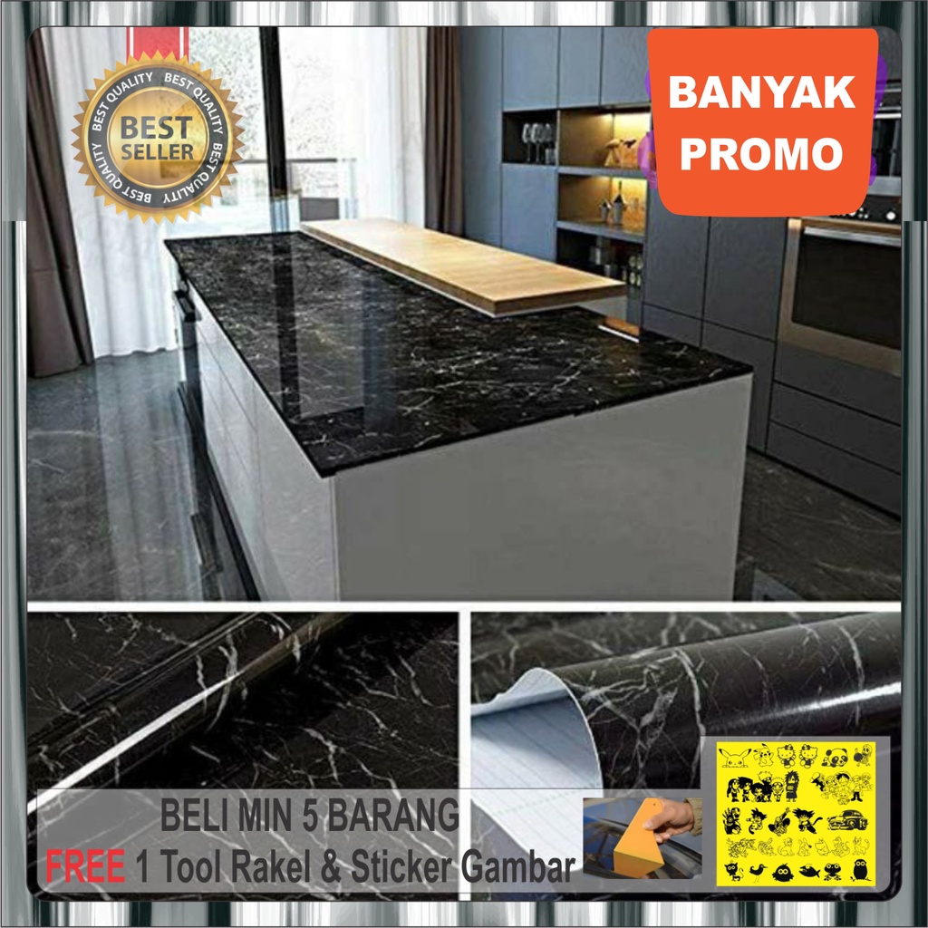 sticker vinyl Motif Marmer Hitam, L 120 cm Serat Kayu Pvc MarbleTebal Pelapis Lemari Meja Kayu Kaca 