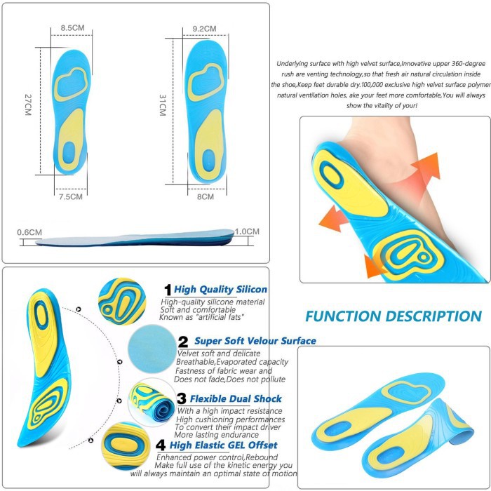 Insole Sepatu Gel Alas Kaki Sport Olahraga Casual Nyaman Empuk Murah Shock Absorber Gel Active