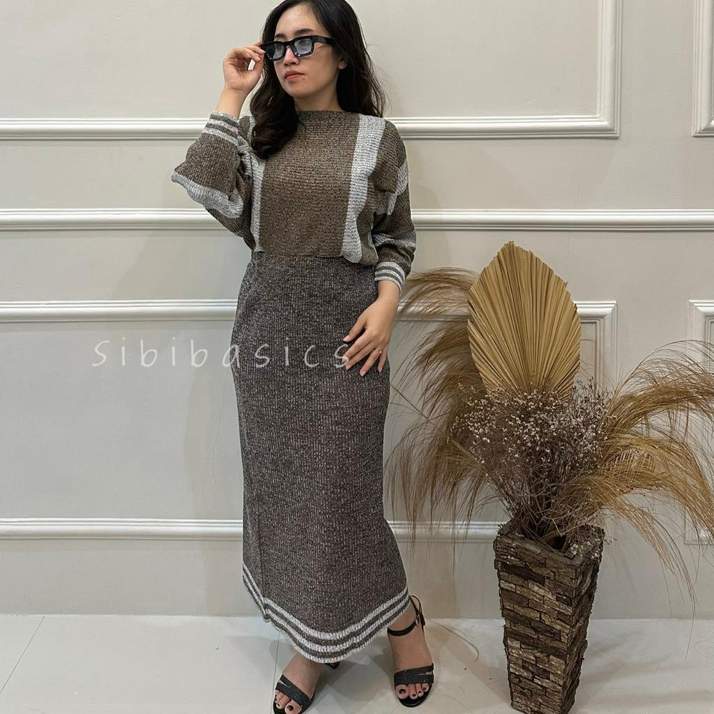 SIBIBASICS - One Set Wanita Cardigan + Rok Rajut Rib Knit Premium Tebal Korean Style Bahan Streach