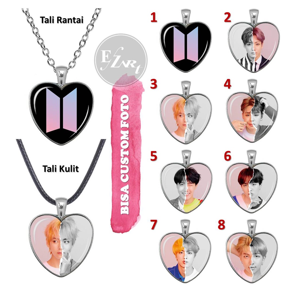 BISA CUSTOM - KALUNG BTS BANGTAN FOTO MEMBER KPOP LIONTIN BENTUK HATI CINTA KACA CEMBUNG TALI KULIT RANTAI STAINLESS STEEL