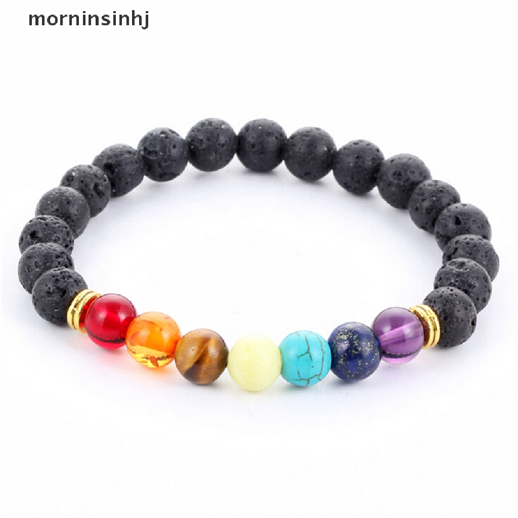 Mornin 1pc Gelang Tangan Manikmanik Batu Lava Rock Reiki 7 Chakra Untuk Wanita