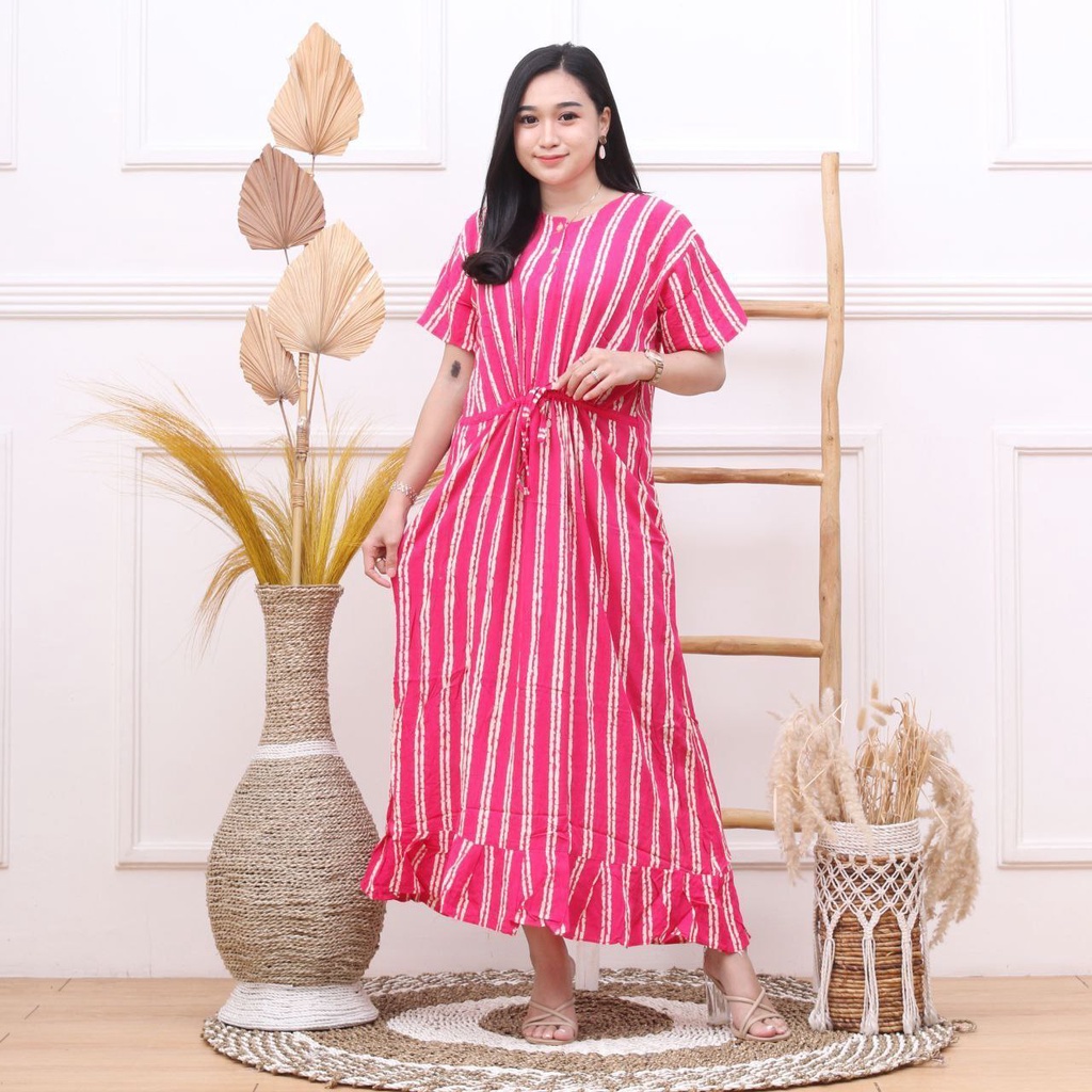 Daster Kekinian Salur Serut Rayon Premium Dress Wanita Lengan Pendek Baju Casual LD 110 cm