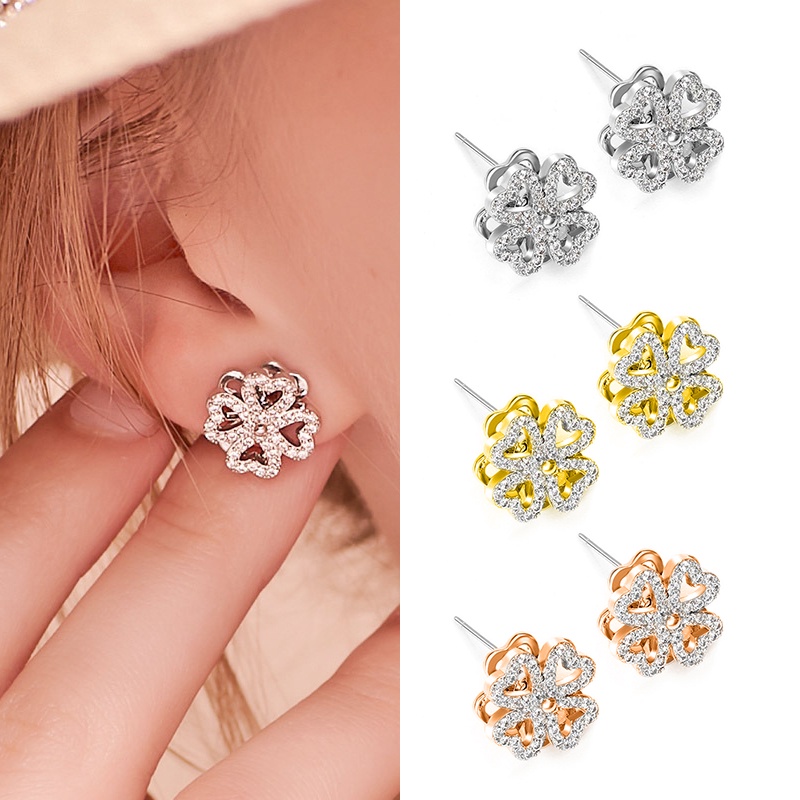 Anting 925 silver needle Bentuk Bunga clover Berputar