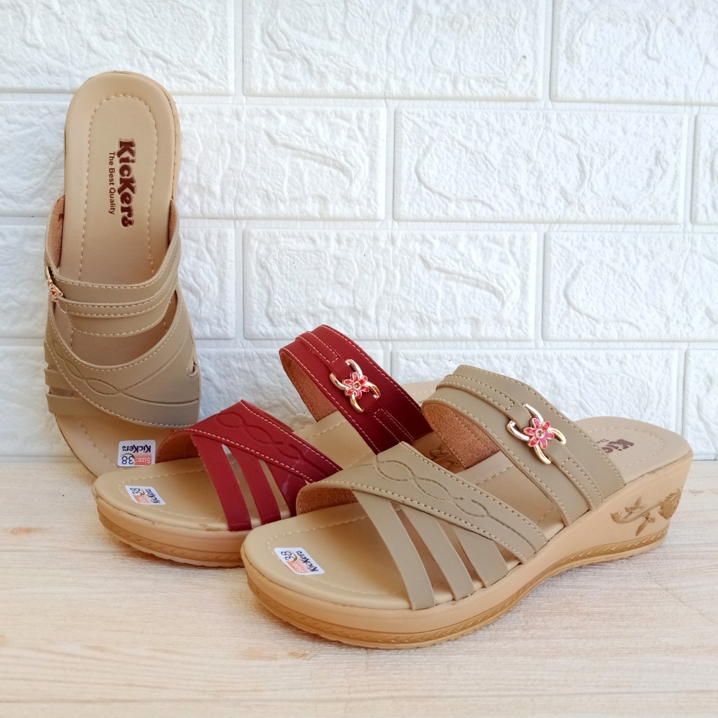 Kickers FM02 Sandal Wanita Selop Wedges 2 Band Hak 5cm Size 37-40
