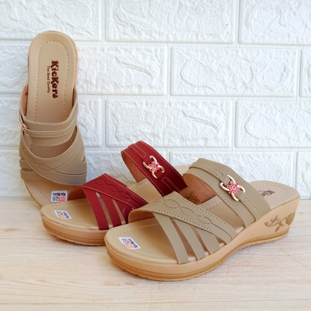 Kickers FM02 Sandal Wanita Selop Wedges 2 Band Hak 5cm Size 37-40