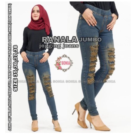 RANALA Jegging jeans Jumbo sobek lapis puring, bahan melar pinggang full karet [DMA brwn]