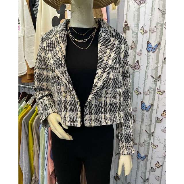 BLAZER HITAM CROP IMPORT MOTIF KOTAK KOTAK / BLAZER KOTAK IMPORT OFFICE WANITA