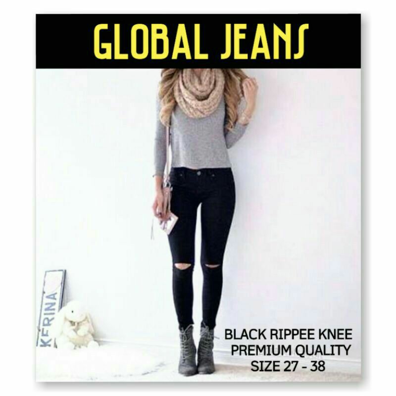 Celana Jeans Jumbo Wanita Sobek Lutut / Black Ripped Jeans Knee / Ripped Jeans Lutut
