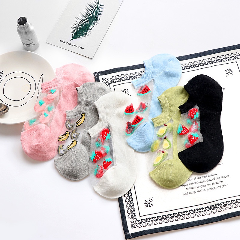 MANJALIRA KAUS KAKI WANITA CUTE ULTRATHIN TRANSPARENT CRYSTAL LACE KAOS KAKI MOTIF BUAH SOCKS 011S