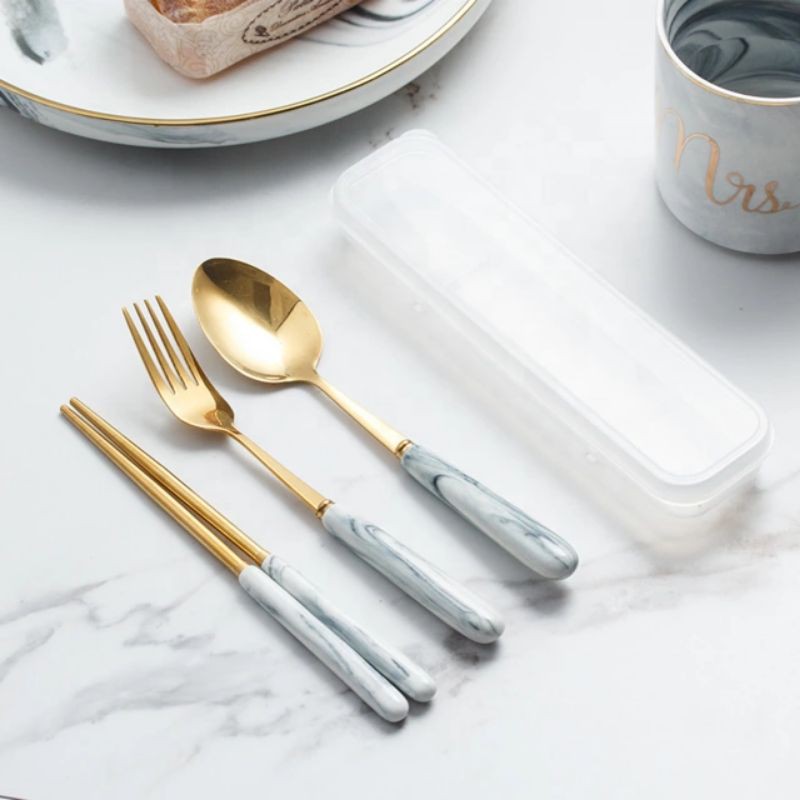 SENDOK GARPU SET KOREA MARBLE SET GOLD CUTLERY SENDOK GARPU KOREA TRAVEL ALAT MAKAN